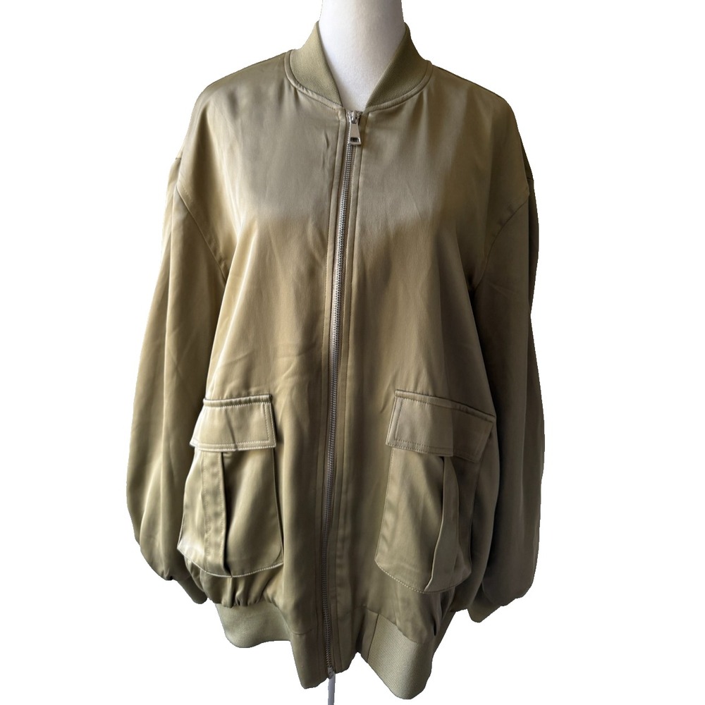 b.young Byesto Bomber Jacket Women 36 Aloe Green Ruched Cargo Streetwear New